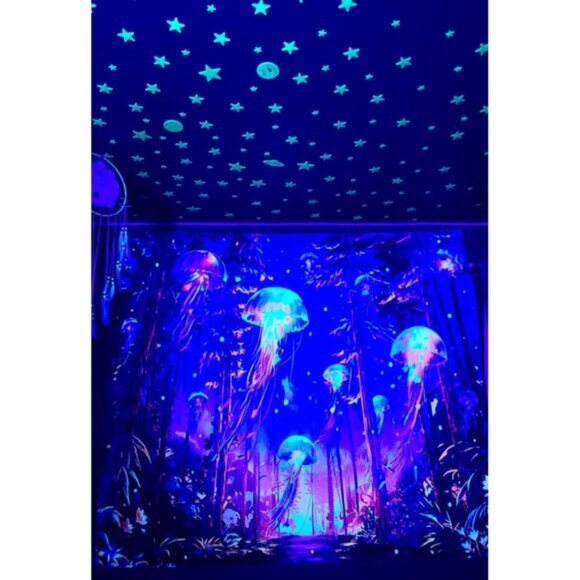 New UV Reactive Blacklight Forest Jellyfish Starry Sky Nature Tapestry, Wall Art